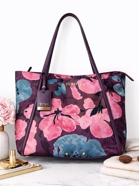 TUMI Voyageur Small Q Tote Peony Floral Nylon Travel Bag Aubergine Pink Blue